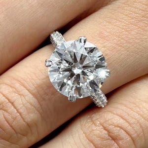 14k White Gold Ring - 4 Carat Moissanite Diamond Engagement Ring - Round Moissanite Wedding Ring - Hidden Halo Ring - Cathedral Shank Ring