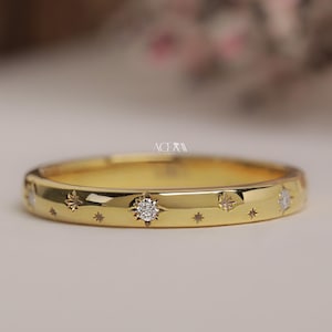 Moissanite Starburst Wedding Band Ring 14K Solid Gold Dainty Star Engraved Ring Round Dome Celestial Ring For Women Stacking Matching Band