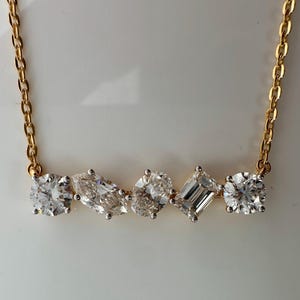 Certified Lab Grown Diamond Horizontal Bar Necklace - 14k Solid Gold Necklace - Multi Shape Diamond Necklace -Dainty Fancy Diamond Necklace