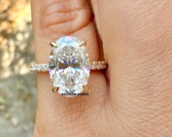 Oval Moissanite Diamond Wedding Ring - 14K Yellow Gold Engagement Ring - Half Eternity Delicate Ring - Hidden Halo Anniversary Gift For Her