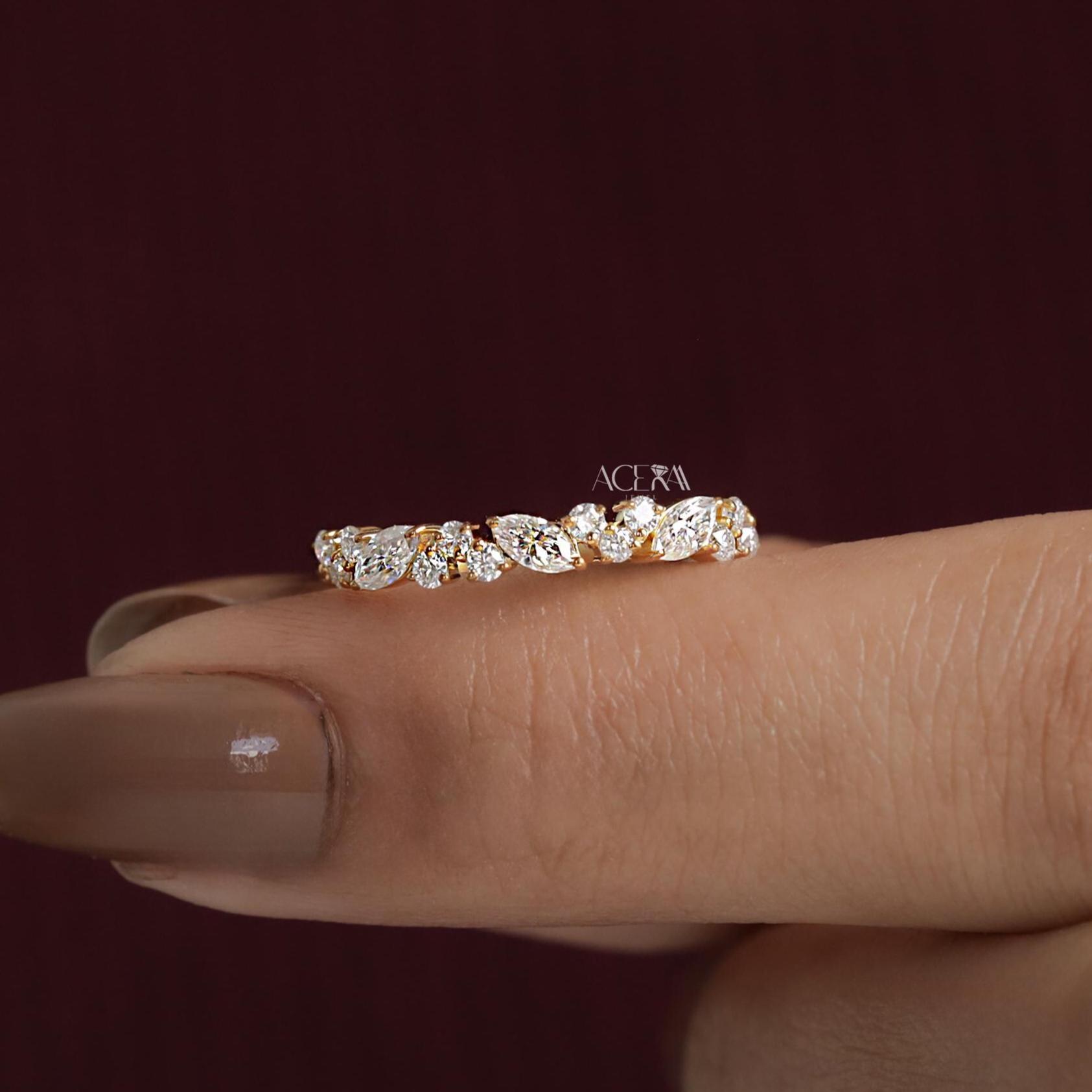 Marquise Cut Moissanite Wedding Band Vintage Half Eternity Cluster Ring ...