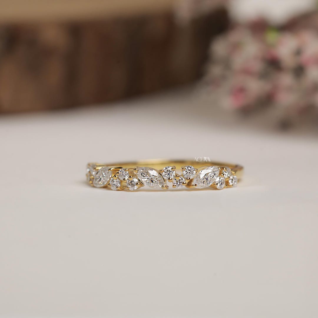 Marquise Cut Moissanite Wedding Band Vintage Half Eternity Cluster Ring ...