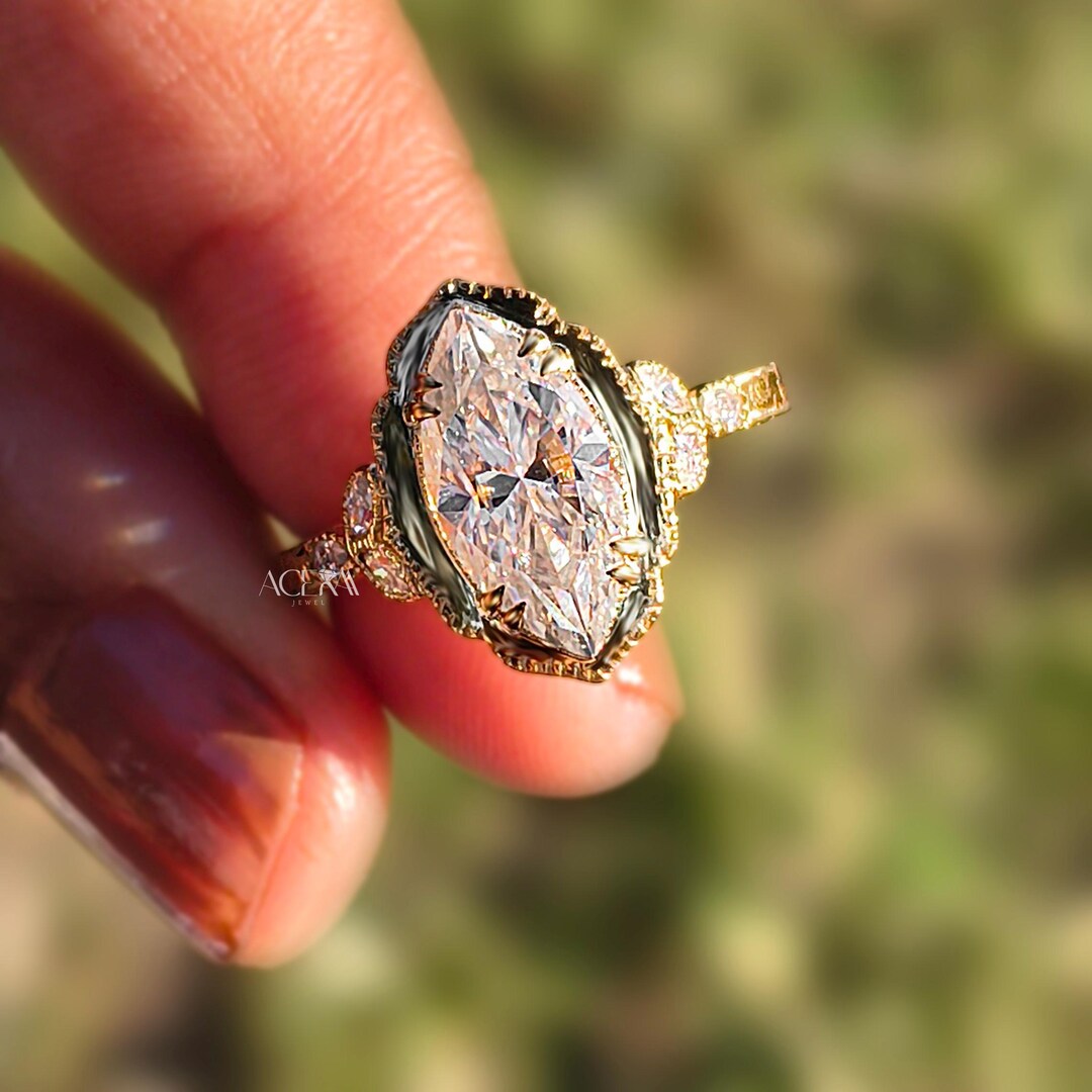 Art Deco Marquise Cut Moissanite Engagement Ring Vintage 14k Gold ...