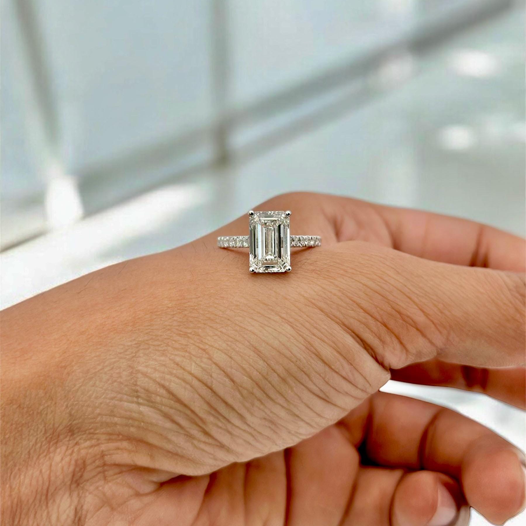 4 Carat Emerald Moissanite Diamond Engagement Band - 14k White Gold Hidden Halo & Half Eternity Promise Ring - Perfect Birthday Gift For Her
