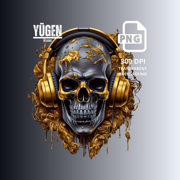 Hip Hop Skull T-shirt Design PNG, Gold Themed, Digital Download PNG, Commercial Use, Resale