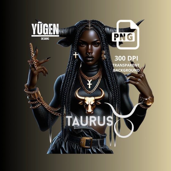 Black Taurus Girl Zodiac Design - PNG File, Horoscope T-Shirt Digital Design, Astrology Sublimation DTG, Clipart Instant Download