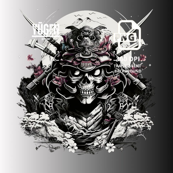 Skull Samurai, Japanese Design, T-Shirt POD Design, Sublimation, PNG, Digital Download, Commercial Use, Resale