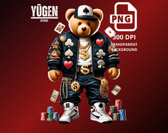 T-Shirt Design, Gangsta, Teddy Bear Poker Player Design, Streetwear Design, Teddy Bear Design Poker Themed, Urban, T-Shirt POD Design, PNG