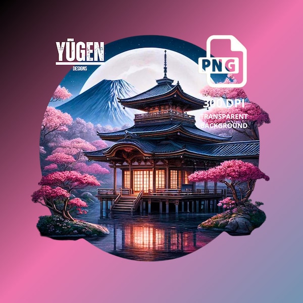 Japanese Fuji Temple T-shirt Design, Japanese Design, T-Shirt POD Design, Sublimation, PNG,   Digital Download, Commercial Use, Resale