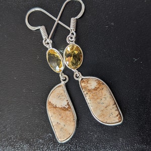 Vintage Silver Citrine Earrings, Hook Earrings, Petrified Wood Earrings, Silver Earrings, unworn