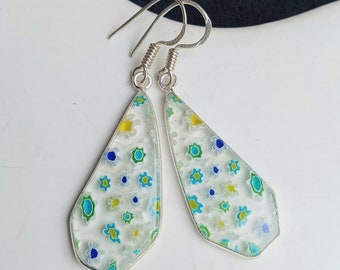 Murano Stil Silber Haken Ohrringe, Glas Silber Ohrringe, Boho Stil Ohrringe, Sommer Strand Ohrringe, Silber Ohrringe, Vintage, ungetragen