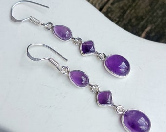 Handgemachte Amethyst Ohrringe, Amethyst Ohrringe, Ethnische Silber Ohrringe, Boho Stil Ohrringe