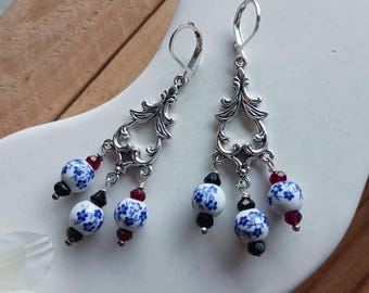 Victorian Earrings, Blue Chandelier Earrings, Romantic Chandelier Earrings, Blue Willow Silver Earrings, Valentine's Day Gift