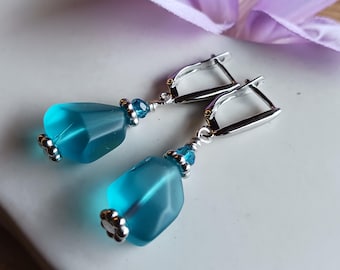 Sea Glass Earrings, Aqua, Blue Seaglass Earrings, Blue Beach Glass Earrings, Gift for Mum, Sea Glass Jewellery, From the Sea, Beach Earrings