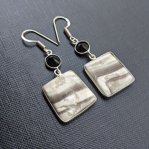 Vintage Silver Jet Earrings, Hook Earrings, Jet & Jasper Earrings, Handmade Silver Earrings, unworn