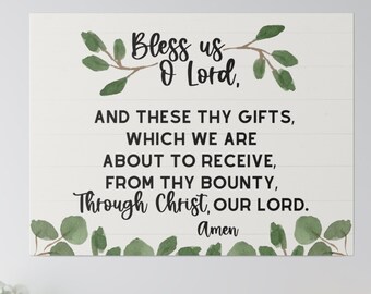 Bless Us O Lord Dining Room Wall Decor | Housewarming Gift | Bless the Food Before Us Sign | Greenery Kitchen Prayer Art | Meal Blessings