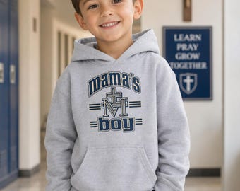 Mama's Boy Hoodie | Youth Pullover Sweatshirt, retro varsity cross design, Catholic boy gift First Communion, Marian Gift to Teen Boy