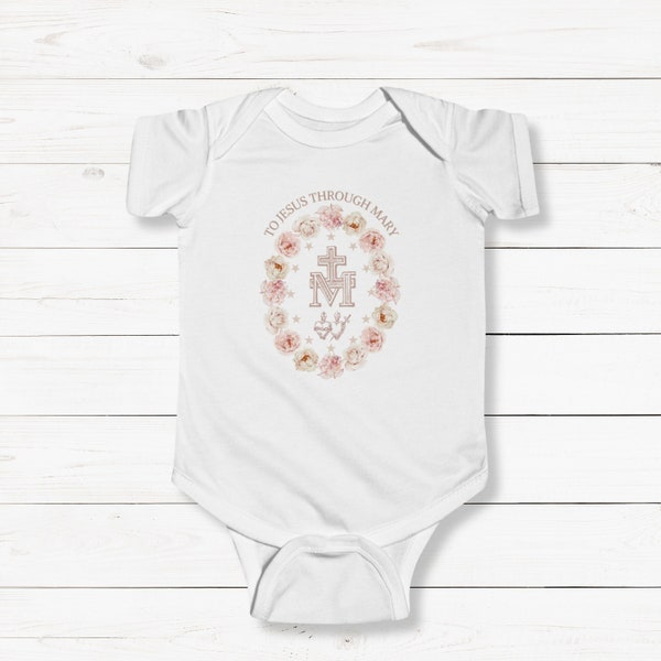 Miraculous Medal Consecration to Jesus through Mary Baby Infant Bodysuit - Catholic Apparel for the Littlest Virgin Mary Devotees