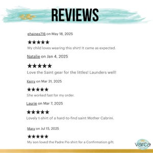 May include: A white background with the word "REVIEWS" in large black letters. Below are customer reviews with dates and star ratings. The reviews mention shirts and Confirmation gifts. The Varca Designs logo is in the bottom right corner.