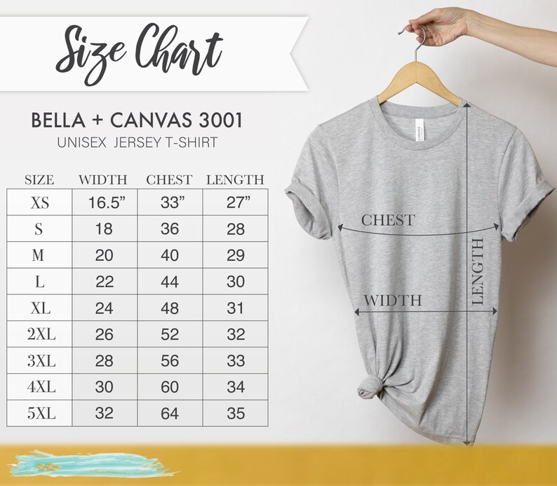 May include: A light gray unisex jersey t-shirt hanging on a wooden hanger. The image includes a size chart with measurements in inches for width, chest, and length. The size chart is for Bella + Canvas 3001 shirts.