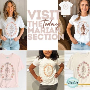 May include: White t-shirts with floral and religious designs. The shirts feature a cross, the letter M, and a depiction of the Virgin Mary. The text "Visit the Marian Section" is also visible.