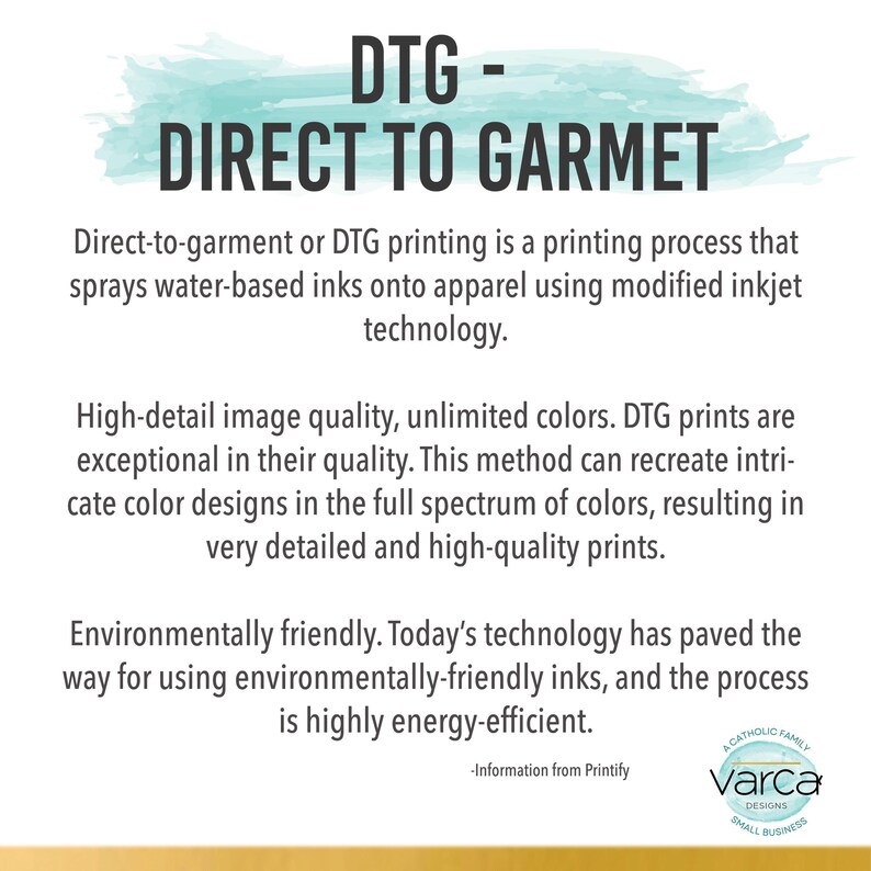 May include: Image explaining DTG (Direct to Garment) printing, a process using water-based inks on apparel. It highlights high-detail image quality, unlimited colors, and environmentally friendly inks. The text also mentions energy efficiency.
