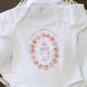 Miraculous Medal Consecration to Jesus through Mary Baby Infant Bodysuit - Catholic Apparel for the Littlest Virgin Mary Devotees