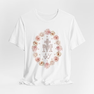 Christmas gift Marian T-Shirt - Perfect Marian Gift for Mom Virgin Mary Tee with Miraculous Medal Catholic shirt catholic gift Floral Design image 3