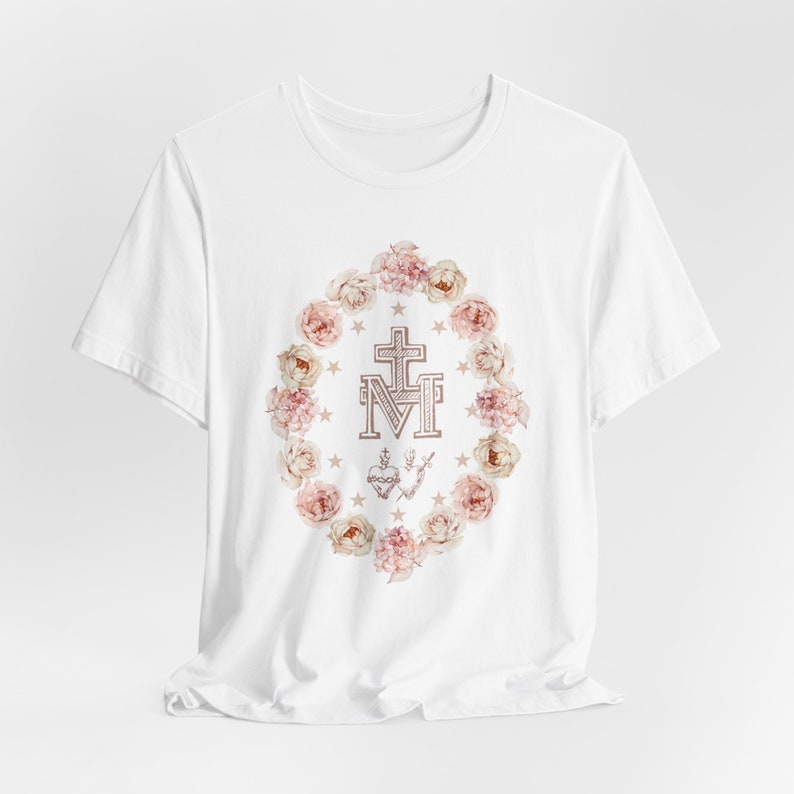 Christmas gift Marian T-Shirt - Perfect Marian Gift for Mom Virgin Mary Tee with Miraculous Medal Catholic shirt catholic gift Floral Design image 3