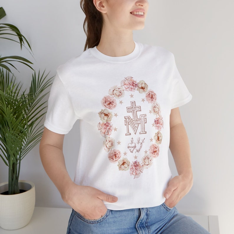 Christmas gift Marian T-Shirt - Perfect Marian Gift for Mom Virgin Mary Tee with Miraculous Medal Catholic shirt catholic gift Floral Design image 2