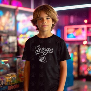 Teen Boy T-Shirt Mockup, Kids Black Bella Canvas, Arcade Background Mockups, Child Black Shirt Mock up, Boy T Shirt, Teen Mockup, Colorful