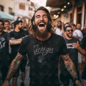 Black T-Shirt Mockup, Tattooed Model, Male Black Shirt mockup, Long Hair Hipster Model Mockup, Bearded Model, Fun Mockup, Street Urban Vibe