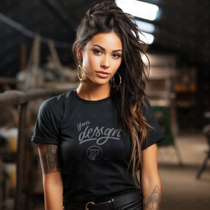 Brunette Woman In Black T Shirt Mockup, Female Model Black T-Shirt Mockup, Black Tee Mock Up, Workshop Mockup, Beautiful Female Model Mockup