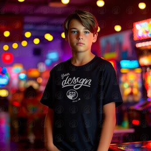Teen T-Shirt Mockup, Kids Black Bella Canvas, Arcade Background Mockups, Child Black Shirt Mock up, Boy T Shirt, Teen Mockup, Colorful Mock