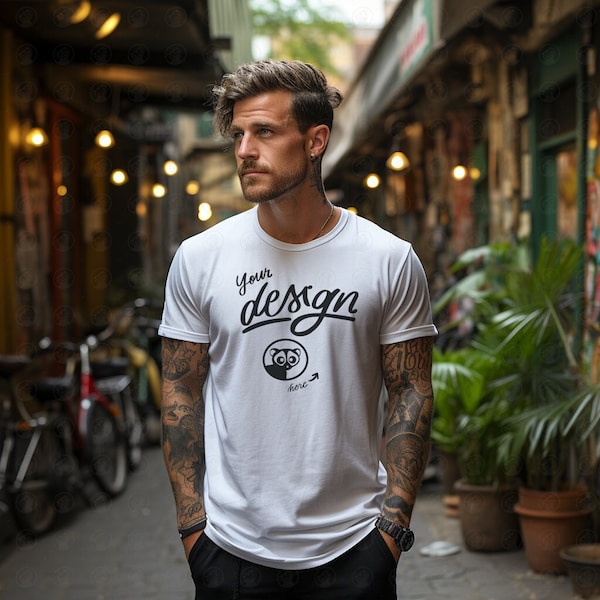 Tattooed Guy, White T Shirt Mockup, White Man T-Shirt Mockup, White Tee Shirt Mockup, Male Model, T shirt Mockup, Urban Street Mockup