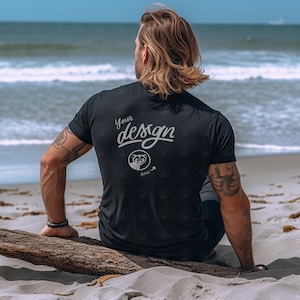 Back Of Black T-Shirt Mockup, Men&#39;s T-Shirt Mockup, Beach Mockup, Tattooed Man Mockup, Beachwear Mockup, Manly Man Back T Shirt Mockup