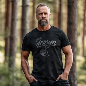 Woods Background Male Shirt Mockup, Bella Canvas Black T-Shirt, Man Outdoor Mockup, Outdoor Mockup, Hunting Background, Father&#39;s Day