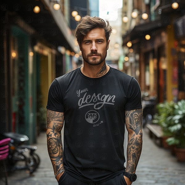 Tattooed Man Model Black T-Shirt Mockup, Father's Day Black Shirt mockup, Male Model, Hipster Dad Mockup, Urban Aesthetics, Cool Guy Model