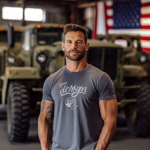 Male T-Shirt Mockup, Bella Canvas Gray T-Shirt, Manly Man Mockup, Military Mockup, Father&#39;s Day Mockup, Dad Mockup, US Army Car Background