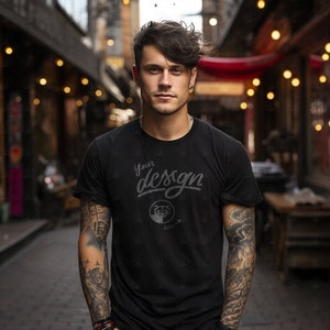 Young Man Black Shirt mockup, Tattooed Model Black T-Shirt Mockup, Male Model, Hipster Mockup, Urban Aesthetics, Cool Guy, Man Model Mockup