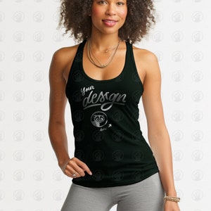 May include: Black racerback tank top with the text "Your design here" in a silver script font. The text is surrounded by a circle with a small animal illustration inside.