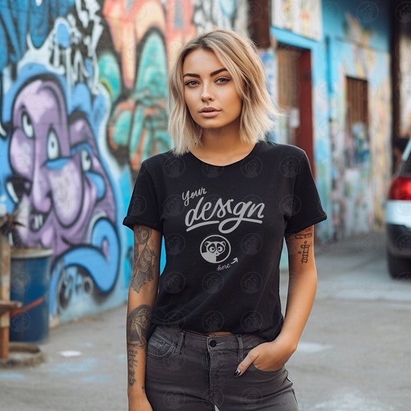 Bella Canvas Woman T-Shirt Mockup, Black T-Shirt, Tattoo Model Mockup, T shirt Mockup, Graffiti, Casual Mockup, Urban Background Mockup