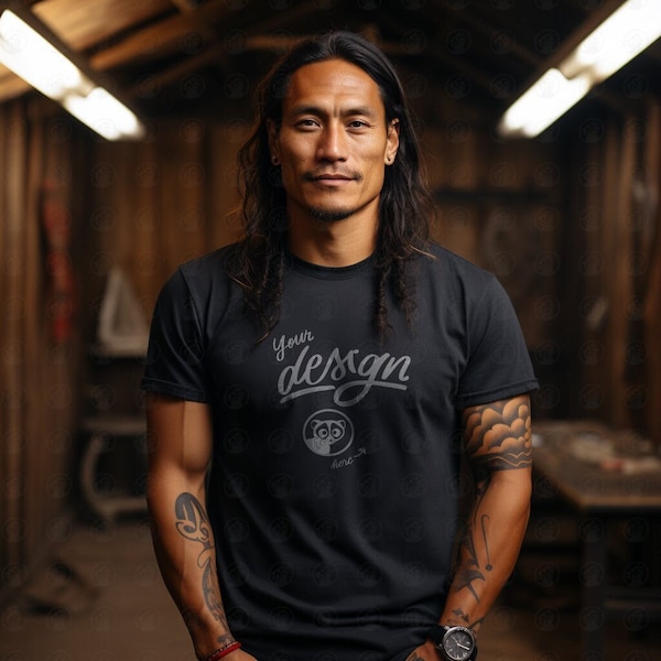 Native American Man In Black T-Shirt Mockup, Tattooed Male Model, Black T Shirt Mockup, Long Hair Man Model Mockup, Tribal Aesthetics Mockup