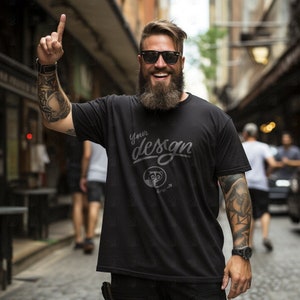Tattooed Model Black T-Shirt Mockup, Father&#39;s Day Black Shirt mockup, Plus Size Model, Hipster Dad Mockup, Urban Aesthetics, Bearded Model