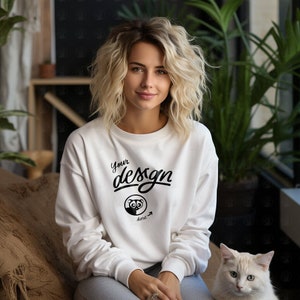 Woman and Cat Mockup, White Sweatshirt Mockup, Women&#39;s Tee Mockup, White Sweater Mockup, Female Model Mockup, Pet Mockup, Cat Mockup