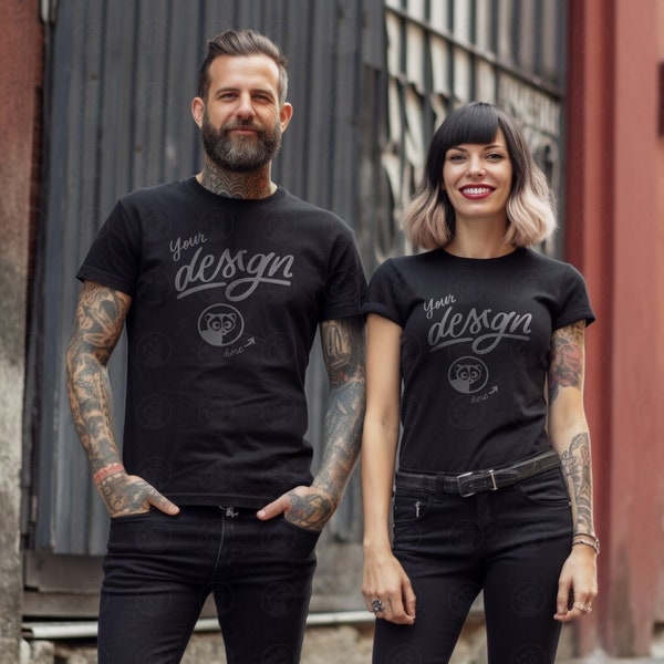 Grunge Couples Mockup, Black T-shirt Mockup, Couples Black t-shirt Mock, Rock Couple Tshirt Set, Punk Rock Chic Mockup, Street Fashion