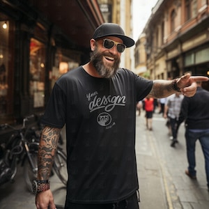 Father&#39;s Black T-Shirt Mockup, Tattooed Model, Male Black Shirt mockup, Model Mockup, Hipster Dad Mockup, Urban Aesthetics, Bearded Model