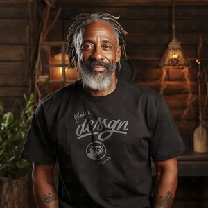Cool Old Black Man Mockup, Tattooed Man Black T-Shirt Mockup, Black Shirt mockup, Diverse Model, Aged Black Man With Dreadlocks Mockup