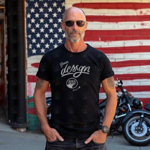 Black Bella Canvas Shirt Mockup, T-Shirt Mockup, Manly Man Mockup, Dad Mockup, Street Background, Americana, 4th of July, Patriot Mockup