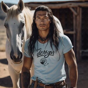 White T-Shirt Mockup, Native Man Mockup, White Tee mockup, Long Hair Male Model Mockup, Tribal Culture Mockup, Man and Horse Mockup